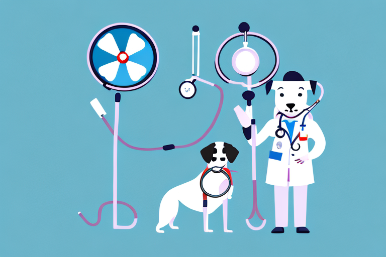 A dog with a medical stethoscope being held up to its chest
