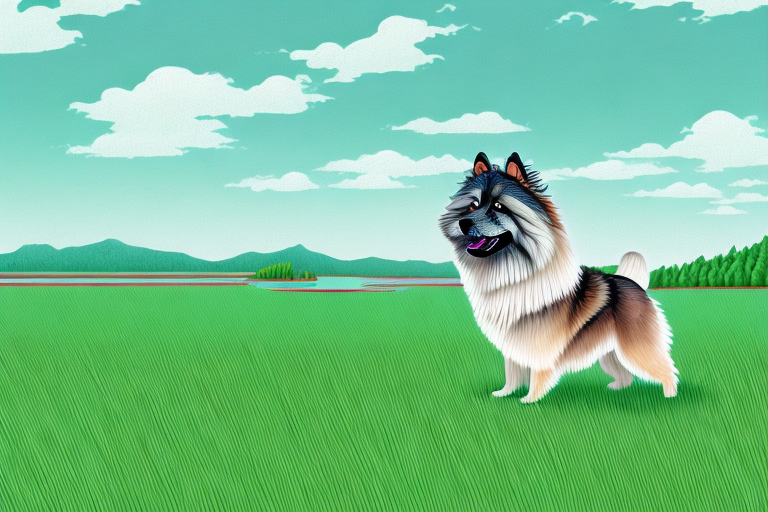 A keeshond dog standing in a grassy field with a lake in the background