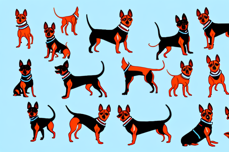 A miniature pinscher dog in a variety of poses
