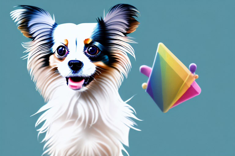 A papillon dog in a playful pose