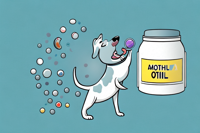 A happy dog with a fish oil capsule in its mouth
